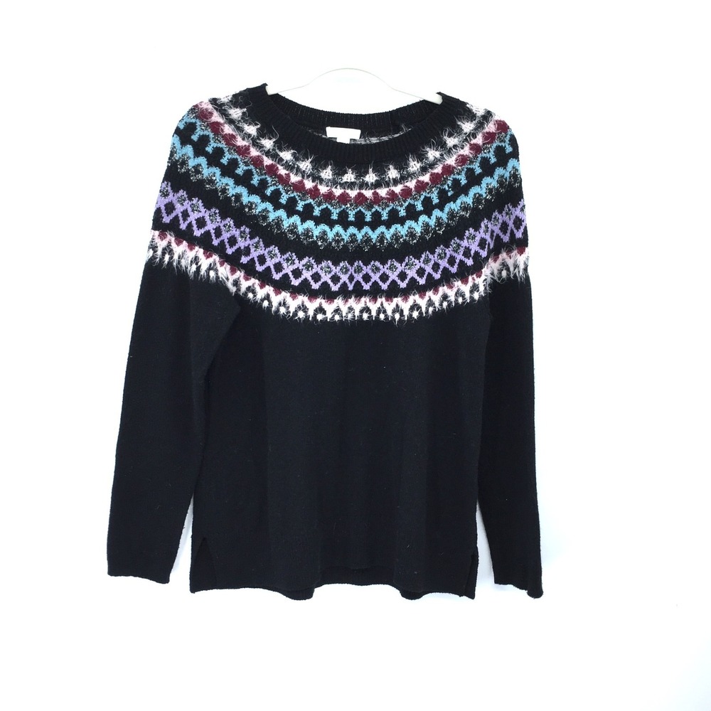 J. jill Black fair isle knit winter ski sweater preppy cabincore cozy metallic S